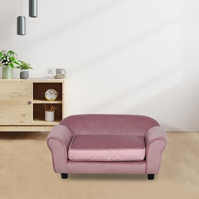 Getifun Small Dog Sofa Bed, Velvet Cat Couch with Washable Cushion & Plastic Legs (29 x 16 x 12.7 inches (Pink)