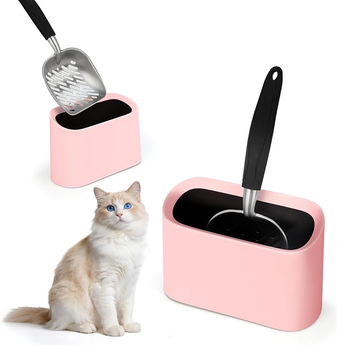 Heavy-Duty Cat Litter Scoop with Holder, Metal Cat Scooper and Detachable Trash Can,Aluminum Kitty Poop Shovel Captures All Clumps,Speed Sifter Litter Box Scooper and Caddy with Lid(Pink)