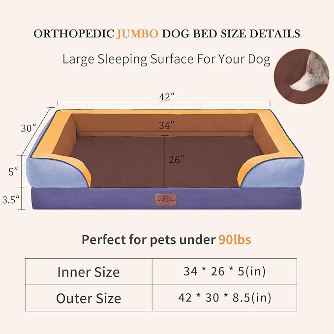 Comfort Expression Orthopedic Dog Bed for Extra Large Dogs 42x30 Inch, Waterproof Egg Crate Foam XL Pet Bed with Removable Bolsters, Dog Couch with Washable Cover & Non-Slip Bottom, Honey Lavender