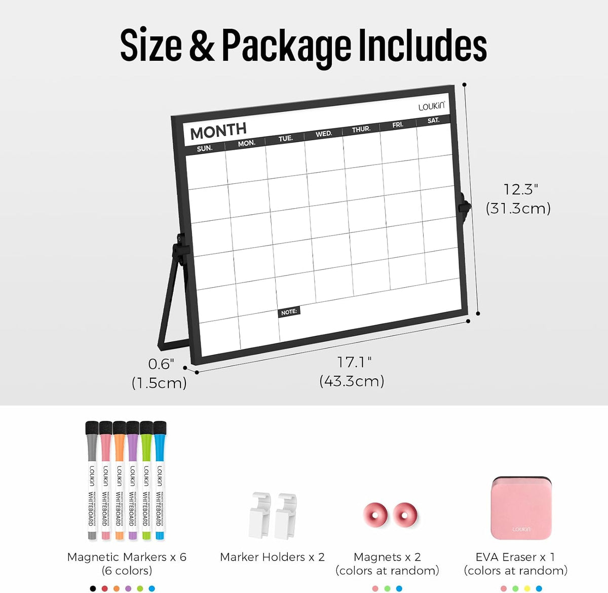 loukin 17" x 12" Dry Erase Calendar, Magnetic Desktop Whiteboard with Stand