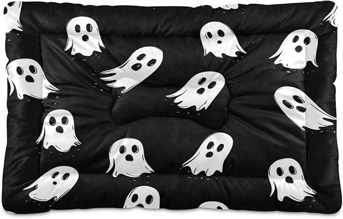 Halloween Dog Bed Mat - Ghost Spooky Comfortable Pet Kennel Washable Cat Crate Pad Sleeping Mattress for Large Medium Small Dogs - 36 x24 Inch
