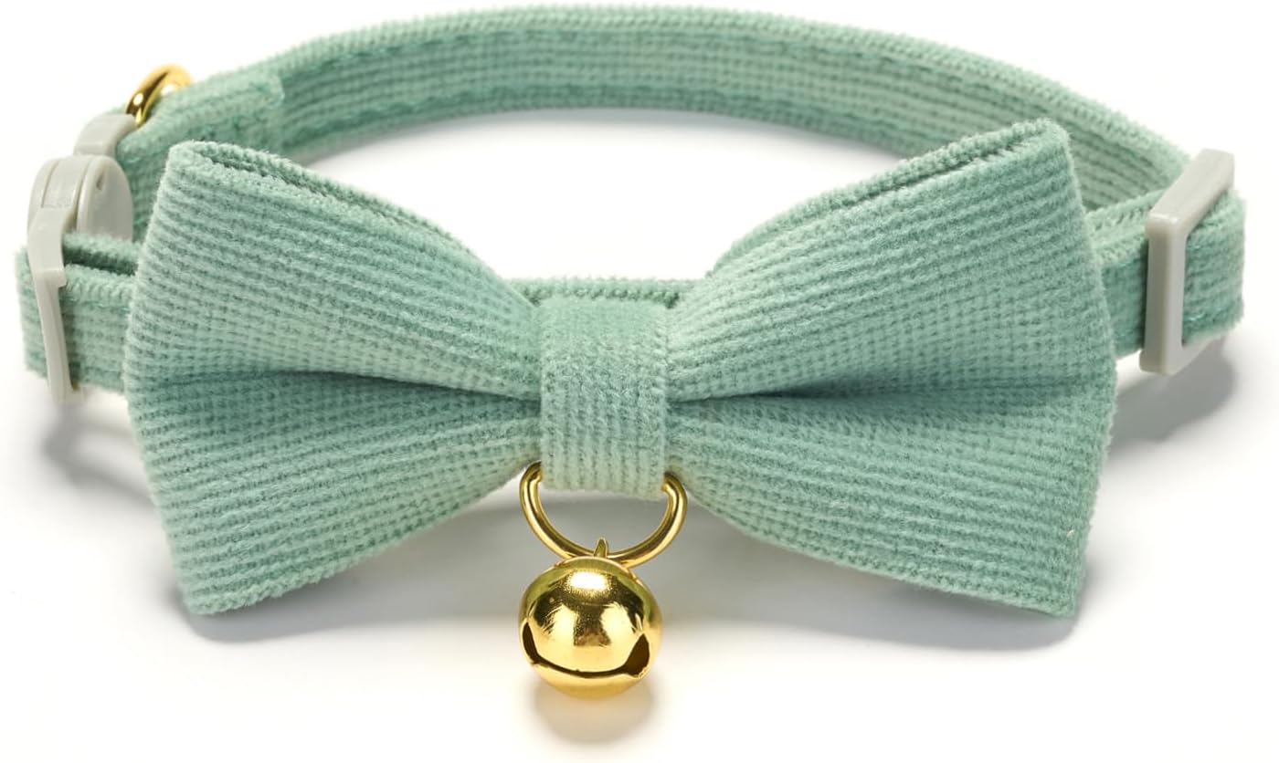 2 Pack Soft Corduroy Cat Collars with Bow Tie & Bell, Adjustable Breakaway Cotton Kitty Bowtie Collar for Female Male Cats(Grass Green & Pink)