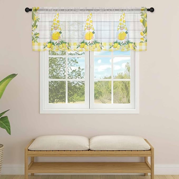 Lemon Dwarfs Sheer Valance Curtains, Gnome Green Leaf Wood Striped Yellow Plaid
