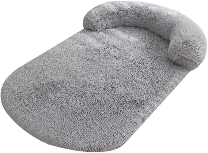 Calming Dog Bed - Fluffy Plush Mat with Removable Washable Cover | Furniture Protector for Large Dogs & Cats(Grey,21.65X15.75X4.33in)
