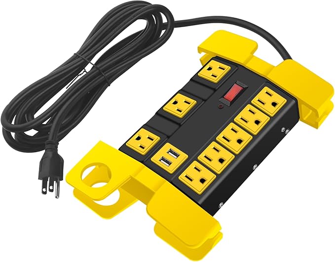 Heavy Duty Power Strip with USB, Workshop 8 Outlet Surge Protector 2700 Joules, Industrial Metal 15Amp Power Strip, 6 FT Extension Cord and Wide Spaced Black.