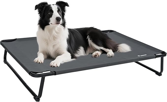 Elevated Dog Bed, Outdoor Dog Bed Large Raised Cooling Pet Beds Cots Waterproof Stable and Easy Assembly, Teslin Fabric with 1.2mm Thick Iron Frame, Breathable, Ultra-Sturdy，Grey, 42”*28“*8”
