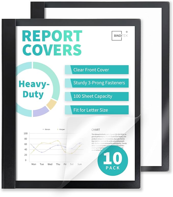 Binditek 10 Pack Heavy-Duty Clear Front Report Covers with 3 Prongs, 100-Sheet Capacity, Plastic Report Folder with Black Back Covers, 3 Metal Prongs Fasteners, for Letter Size, Office Supplies