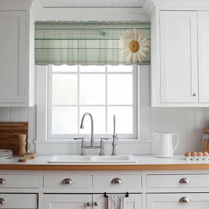 Daisy Flower Sheer Valances for Windows 60"x18", Light Filtering Kitchen