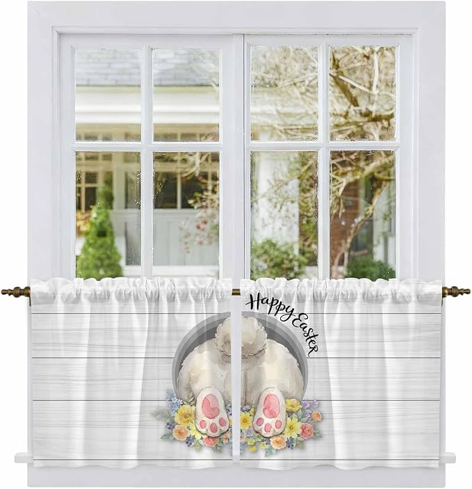 Easter Bunny Kitchen Tier Curtains 24 Inch Long 2 Panel Set, Rod Pocket Cafe