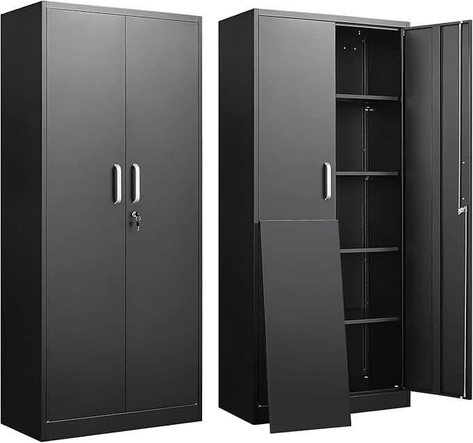 Metal Storage Cabinet with Adjustable Shelves, Garage Storage Cabinets with Doors and Shelves, File Cabinets for Home Office, Kitchen Pantry Cabinet, 71'H, Black