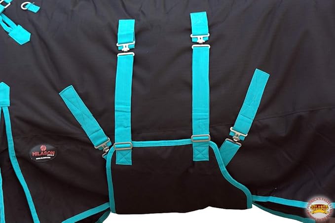 HILASON Black with Turquoise Trims 74 inch 1200D Winter Waterproof Poly Horse Turnout Blanket Belly Wrap