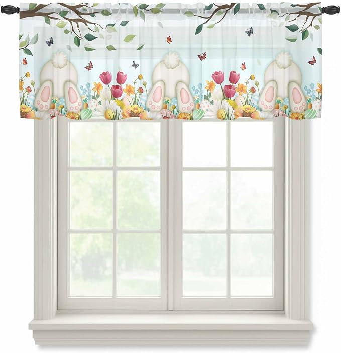 Easter Sheer Valances for Windows 42"x18", Light Filtering Kitchen Curtains