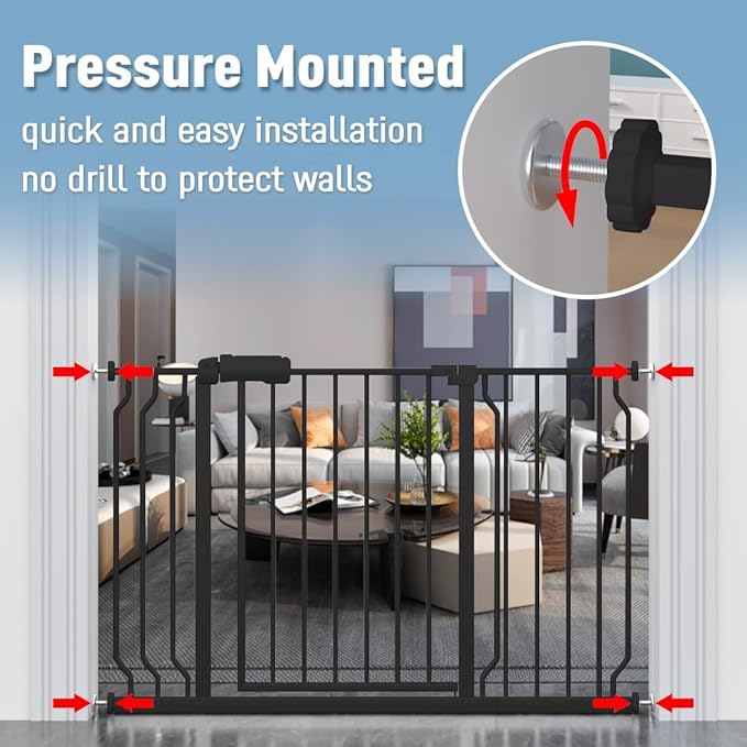 ALLAIBB Extra Wide Pressure Mount Baby Gate Auto Close Black Metal Child Dog Pet Safety Gates with Walk Through for Stairs,Doorways,Kitchen and Living Room (62.20-71.26"/158-181cm)