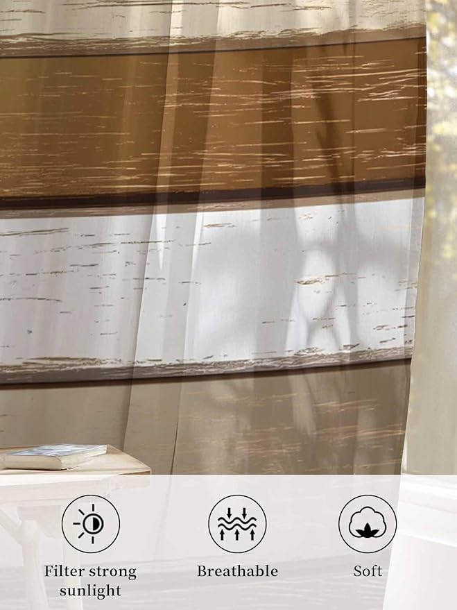 Sheer Curtains 72 Inches Long, Vintage Geometric Brown Semi Sheer Curtains