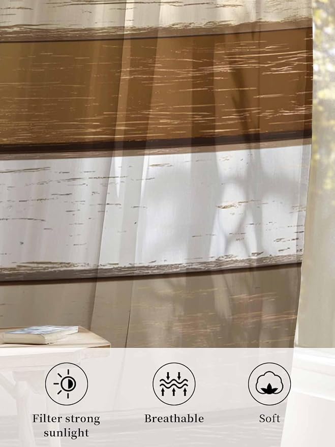 Sheer Curtains 45 Inch Length, Vintage Geometric Brown Semi Sheer Curtains