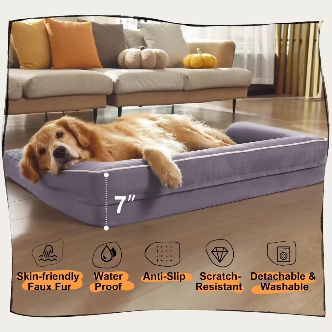 Extra Large Dog Bed-Orthopedic Waterproof XL Dog Bed for XLarge Extra Big Dogs - Foam Couch Sofa Washable with Removable Cover-Purple