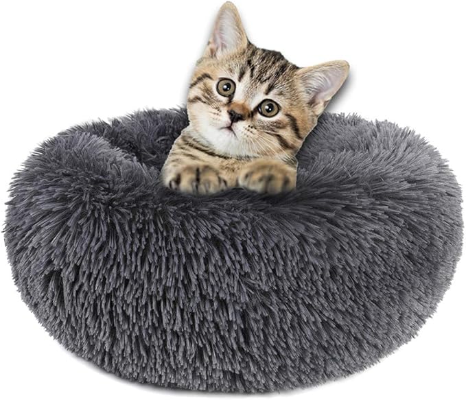 otoez Round Donut Dog Bed for Small Dogs, Washable Cat Calming Bed Cuddler Anti Anxiety Fluffy Plush Dog Cat Bed with Non-Slip Waterproof Bottom (23.6", Dark Grey)