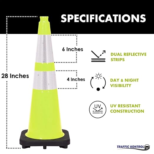 24 Pack 28" Inch Lime Traffic Safety Cones with Dual Reflective Collars - High Visibility Industrial Pylons Traffic Cones for Road, Parking Lots, Driving, Construction