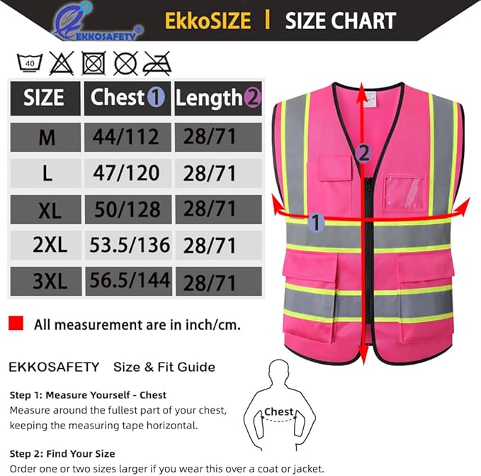 High Visibility Safety Vests Reflective with 5 Pockets and Zipper Hi Vis Construction Work Vest for Men Women,Meets ANSI/ISEA Standards(EK175-Pink-3XL)