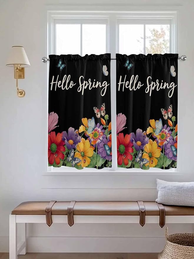 Spring Flowers Tier Curtains 45 Inches Long, Watercolor Country Colorful Floral