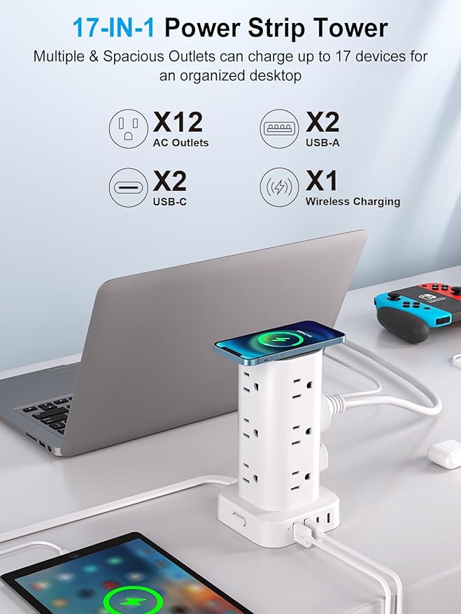Power Strip Tower with Wireless Charger, Flat Plug Surge Protector Tower with 6FT Extension Cord, 12 AC Multiple Outlets, 4 USB (2 USB C),15W Wireless Charging Power Tower for Home Office Dorm, White