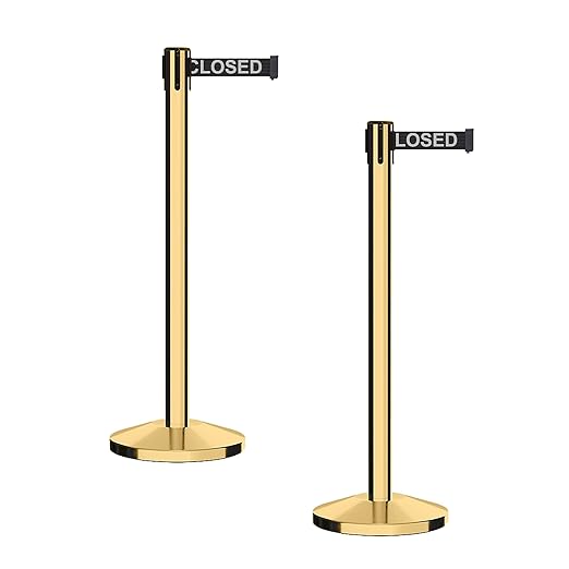 CCW Series RBB-100 - Set of 2 Stanchion Retractable Belt Barriers (9 Foot Belt, Black with"This LINE Closed" White Letters Belt with Polished Brass Post)
