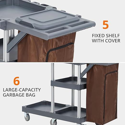 Commercial Traditional Janitorial 3-Shelf Cleaning Cart, Janitorial Carts on Wheels with Cover and Vinyl Bag, Custodial Cart, Housekeeping Carts for Hotels, Stores, Schools, and Business