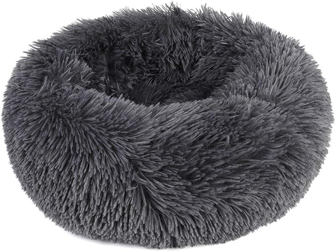 otoez Round Donut Dog Bed for Small Dogs, Washable Cat Calming Bed Cuddler Anti Anxiety Fluffy Plush Dog Cat Bed with Non-Slip Waterproof Bottom (23.6", Dark Grey)