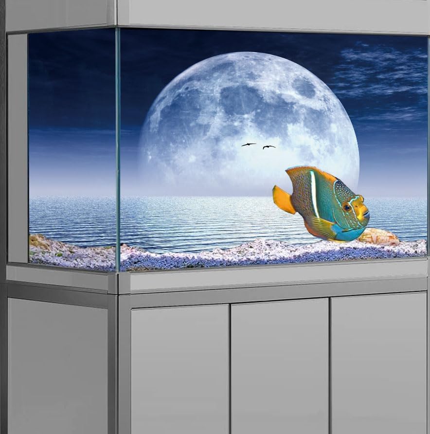 Moon Aquarium Background,Cool Sea Galaxy Parallel Space Themed Fish Tank Background, Cool Terrarium Background 48X18IN with 8 EVA Double-Sided Tape
