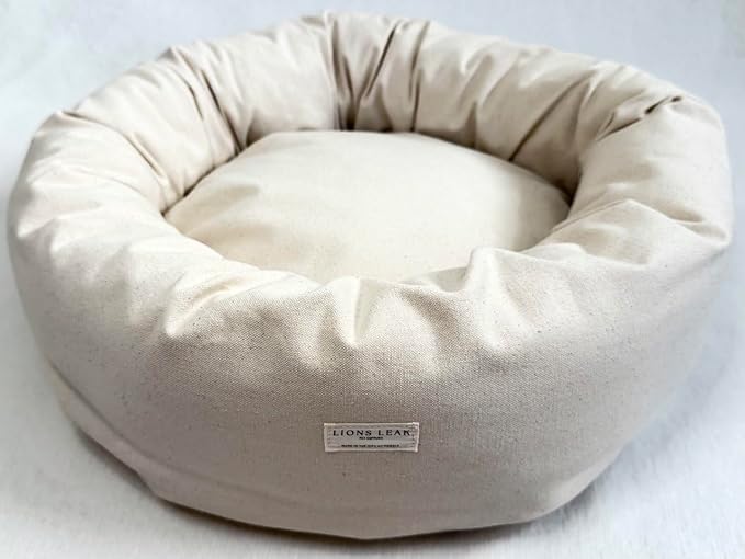 Organic Cotton Canvas Round Dog Bed – Removable Washable Cover, Natural Raw Cotton Fill, Supportive Bolster, Non-Toxic & Hypoallergenic, Made in USA (Natural, X Small 18" x 6" inches)