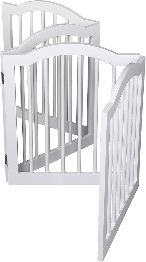 INTERNET'S BEST Arched Top Dog Gate | 4 Panel, 24" H Wooden Pet Barrier for Dogs or Cats | Freestanding Folding Room Divider for Doorways, Hallways, Stairs, and Porch | Portable, Extra Wide | White