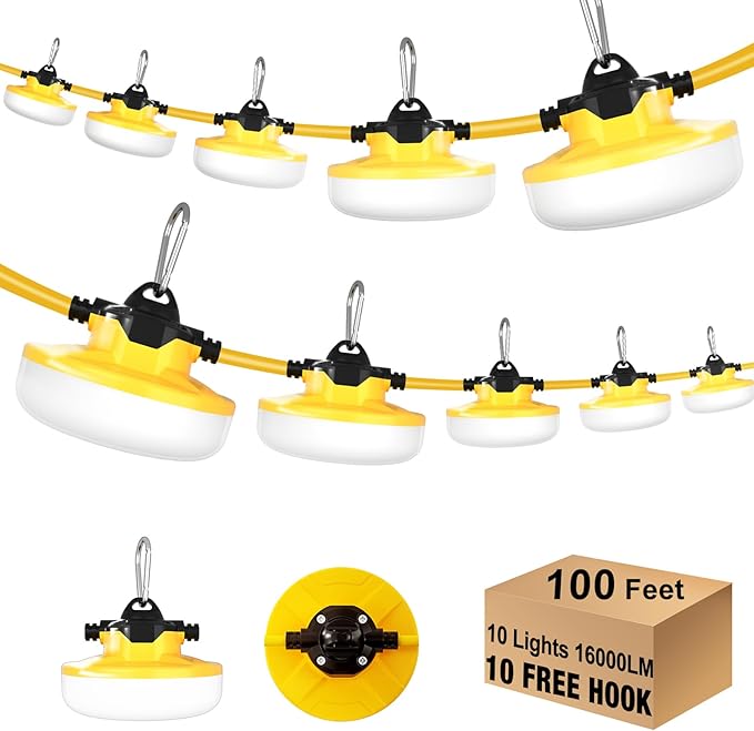 LED Construction String Light 100FT, 130W 16000Lm Industrial LED String Work Lights with 10 Bulbs, Linkable 5000K Super Bright Temporary Lighting for Construction Site, Job Site, Work Site