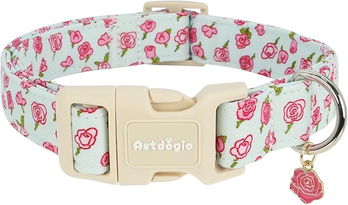 Dog Collar for Large Dogs, Spring &Summer Theme Blue Large Dog Collars with Pink Rose Pattern, Adjustable Puppy Dog Collars, Cute Girl or Boy Dog Collar Ideal for Gifts,Pet Accessory