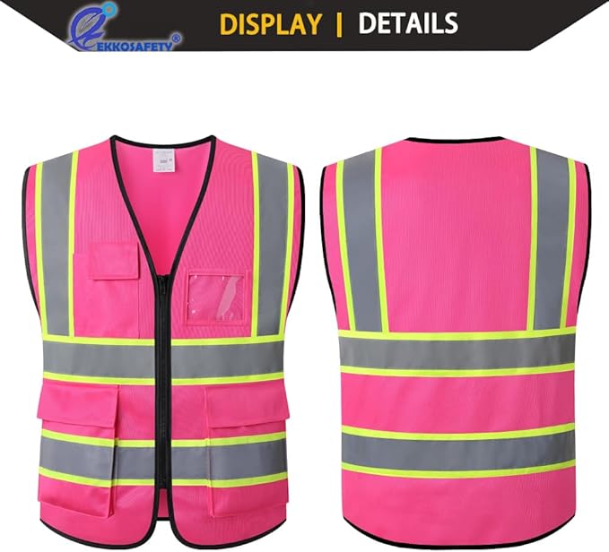 Construction Vest Pink,5 Pockets Reflective Safety Vest for Men Women High Visibility Work Vest with Zipper Front,Meets ANSI/ISEA Standards(EK175-Pink-L)