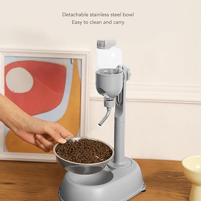Pet Standing Water Dispenser, Multifunctional 2 in 1 Detachable Height Adjustable Pet Puppy Dog Kitten Bowl 500ml, Automatic Standing Water Feeder for Puppy Dwarf Dog Cat,Grey