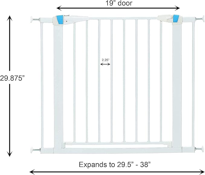 MidWest Homes for Pets 29 Inches Tall Walk-Though Steel Pet Gate, Pressure Mounted Dog Gate with Glow Strip Measures 29H x 29.5-38W Inches & Includes Two 3-Inch-Wide Extensions, White
