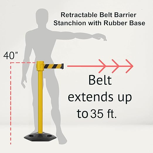 Montour Line MSR760 Set of 2 Retractable Belt Barrier Stanchion, Rubber Base, Yellow Post (35 ft Red with"Please Wait HERE" White Letters Belt)