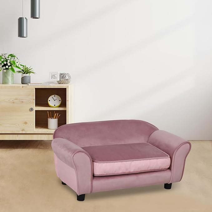 Getifun Small Dog Sofa Bed, Velvet Cat Couch with Washable Cushion & Plastic Legs (29 x 16 x 12.7 inches (Pink)