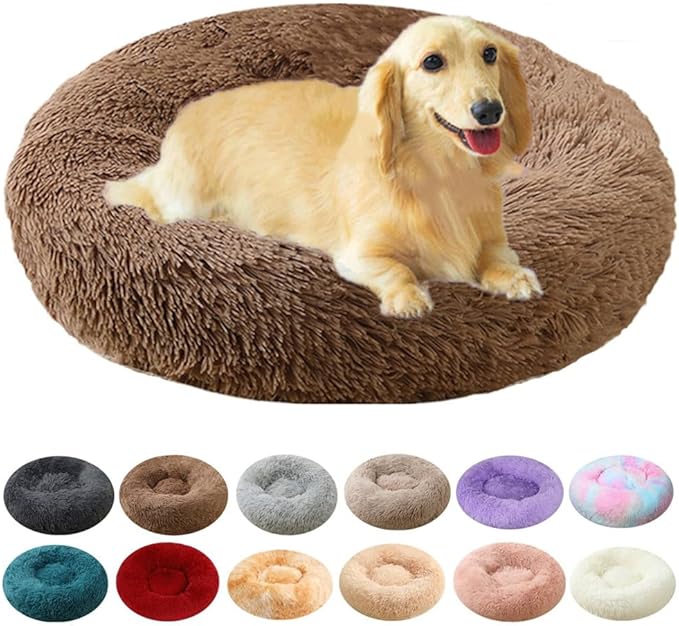 Calming Small Dog Bed & Cat Bed, 16 Inch Donut Fluffy Anti-Anxiety Round Bed Washable Cute Bed, Cuddler Warming Cozy Soft Bed, Plush Cushion Bed for Small Medium Dogs and Cats (Coffee)