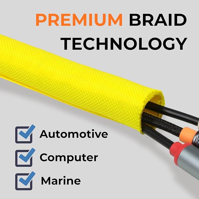 3/8 inch Split Braided Cable Management Sleeve for USB Cable Power Cord Audio Video Cable, Wire Loom Cord Protector from Cat Dog Chewing (Yellow, 25FT)