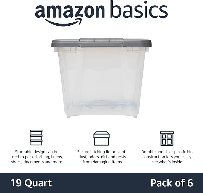 Amazon Basics Plastic Storage Containers with Secure Latching Lids, Stackable Organization Bins, Clear/Grey, 19 Quart, Set of 6