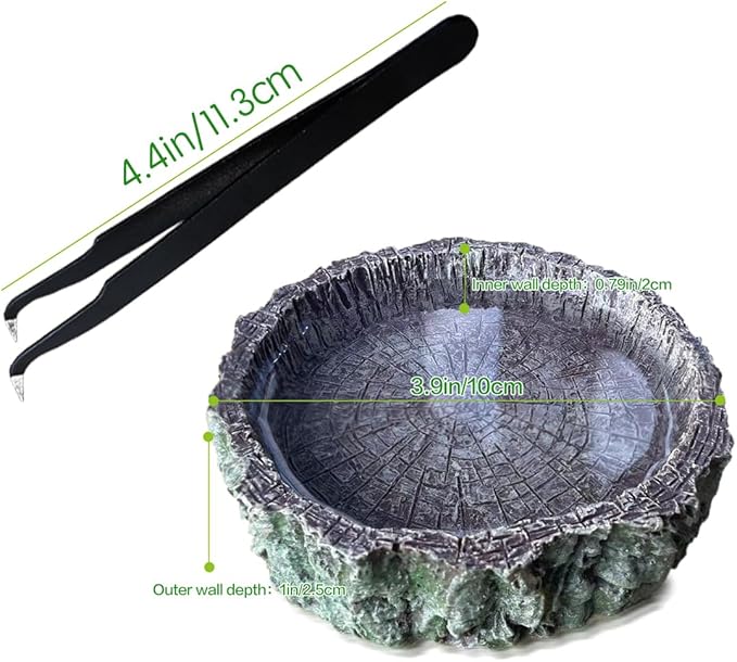 2PCS Reptile Food Water Dish, Tree Stump Feeding Bowl with Tweezers for Leopard Gecko, Lizard, Spider, Scorpion, Chameleon