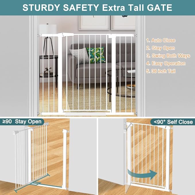 Fairy Baby 38" Extra Tall Pet Gate, 29.5"-48.8" Extra Wide Long Baby Gate, Metal Auto Close Safety Child Toddler Gate, Pressure Mounted Dog Gate No Climb Fence for Stairs Doorways Kid or Pet, White