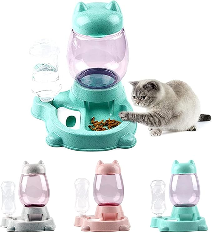 Automatic Cat & Dog Feeder Set - Self-Dispensing Food and Water Bottle Dispenser, Large Capacity (Grey)