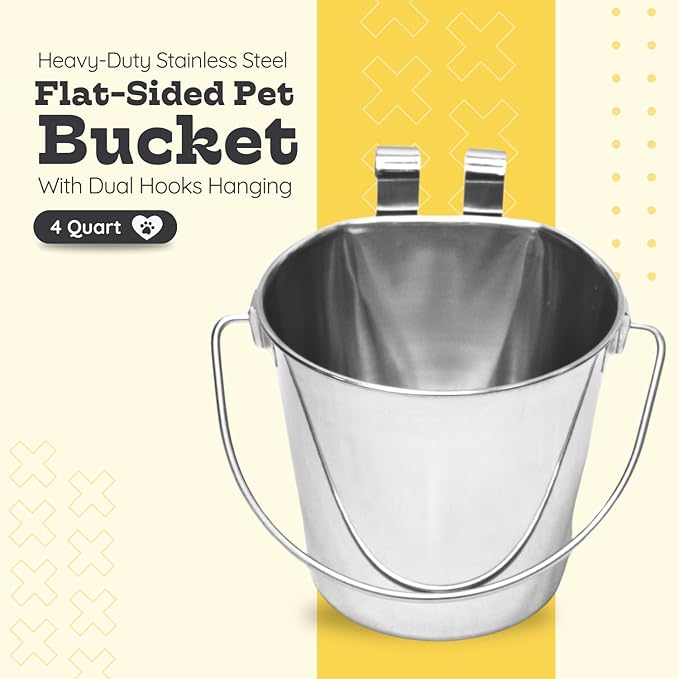4 Quart Stainless Steel Flat Sided Bucket with Dual Hooks | 1 gal Durable Food & Water Bowl for XL Dogs, Cats, Goat & Livestock | Fits kennel Cage Critter Crate | Hanging Utility Pet Pail