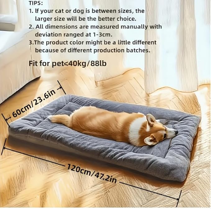 Plush Pet Bed Mat, Large Gray Quilted Dog Mattress, 47.2x23.6 Inches, Soft Fleece Cushion for Dogs and Cats Up to 88 lbs