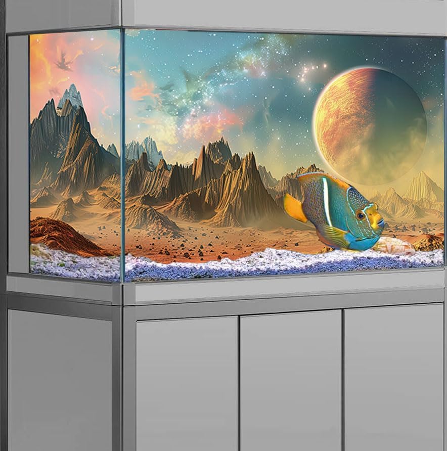 Cosmic Aquarium Background,Cool Galaxy Parallel Space Themed Fish Tank Background, Tropical Desert Terrarium Background 72X18IN with 8 EVA Double-Sided Tape