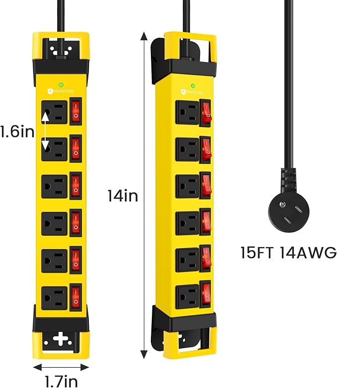 Heavy Duty Power Strip,6 Outlets Metal Power Strip with Individual Switch & Cord Management,Mountable Surge Protector 1200J,15FT Extension Cord(Yellow,15 FT)