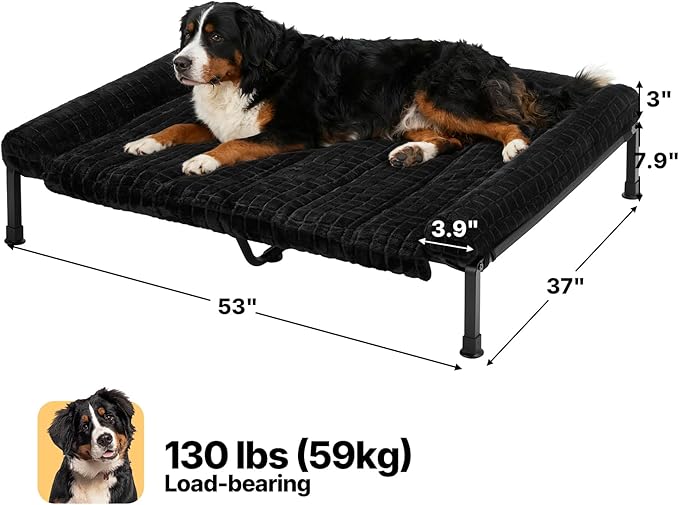 Veehoo Elevated Dog Beds Large Sized Dog with Fluffy Plush Bolster Cushion, Washable Orthopedic Dogs Couch Bed, Raised Pet Cot with Removable Mat, Breathable Mesh, No-Slip Feet, 53 x 37 inches, Black