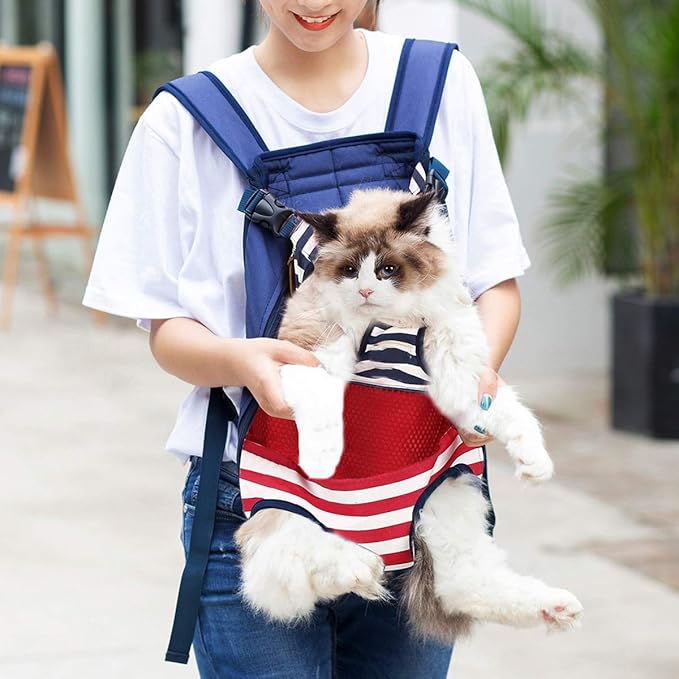 Lifeunion Legs Out Dog Carrier Backpack Hands-Free Adjustable Pet Travel Carrier for Small Medium Dogs Cats Motorcycle Hiking Walking (Red and Blue Stripes)